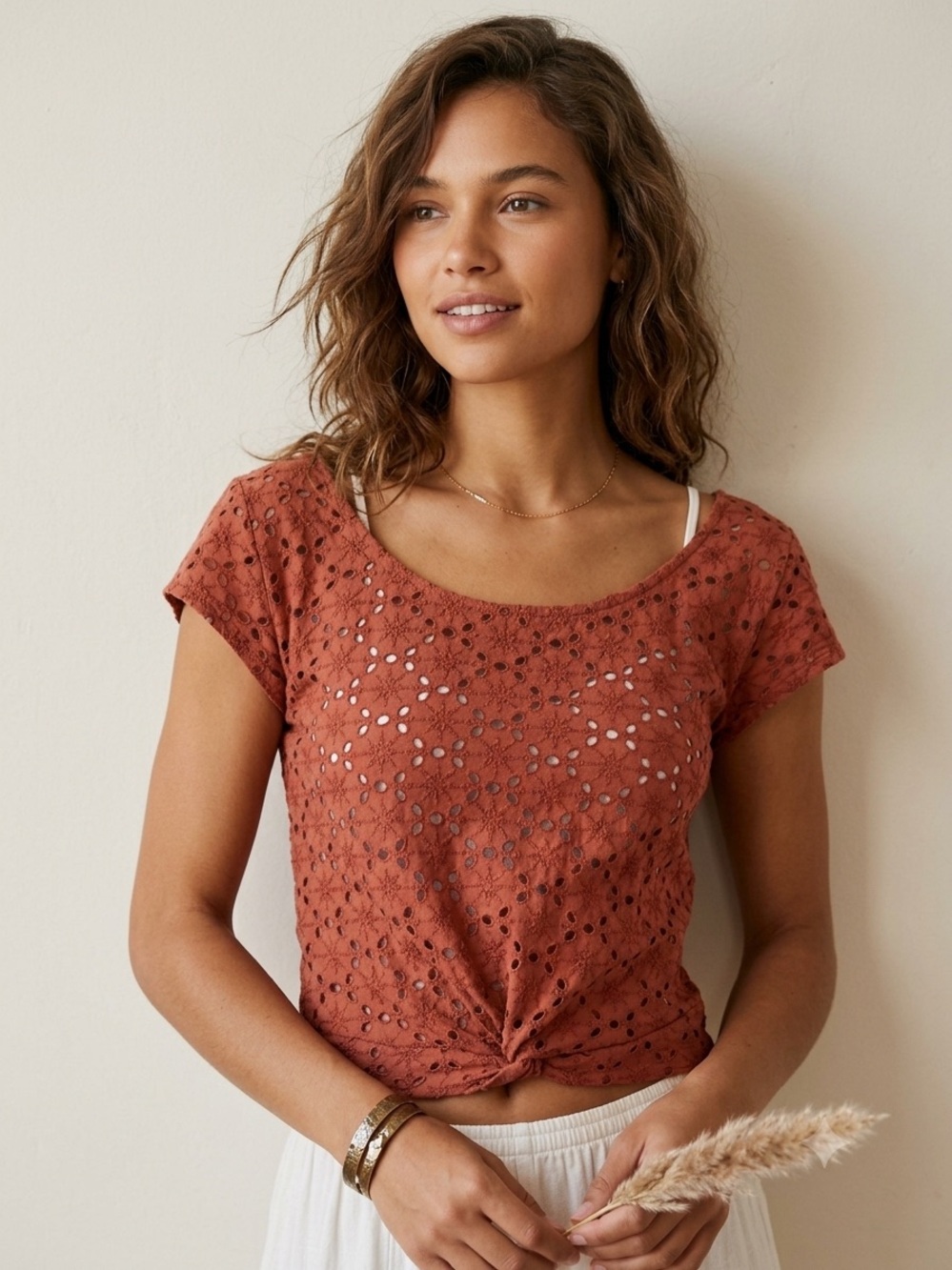 American Eagle Outfitters Rust Eyelet Twist Crop Top Boho Size Medium